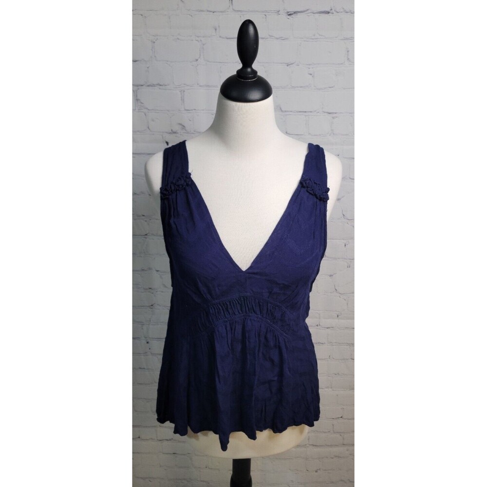 Maeve Anthropologie Deep Navy Blue Bretta Tank Plunge V Neck Smocked Boho Sz S